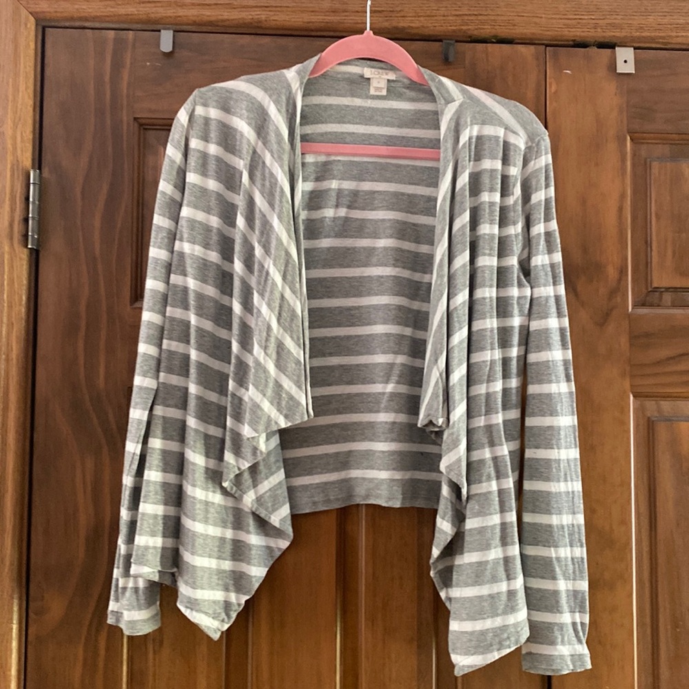J Crew Light Gray Striped Cotton Open Front Cardigan